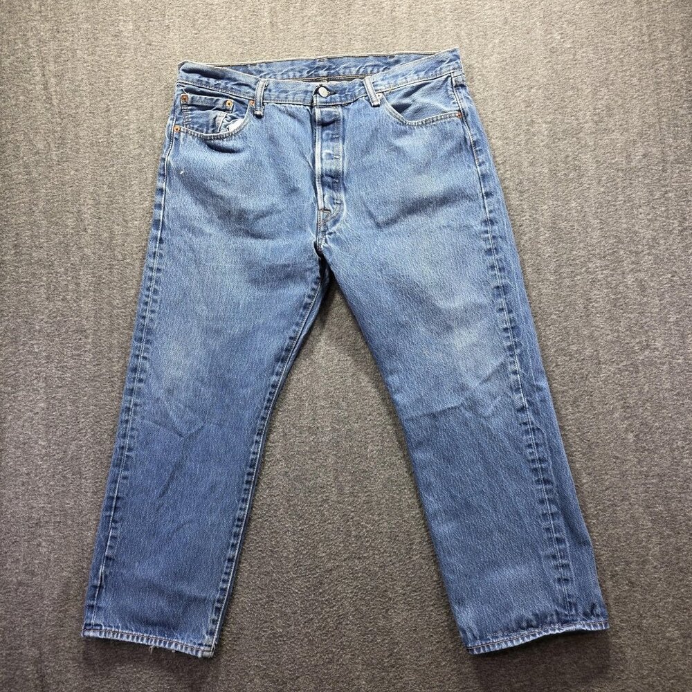 Levis 501 Jeans Mens 40x30 Blue Button Fly Straight Leg Denim Medium Wash - Picture 2 of 11